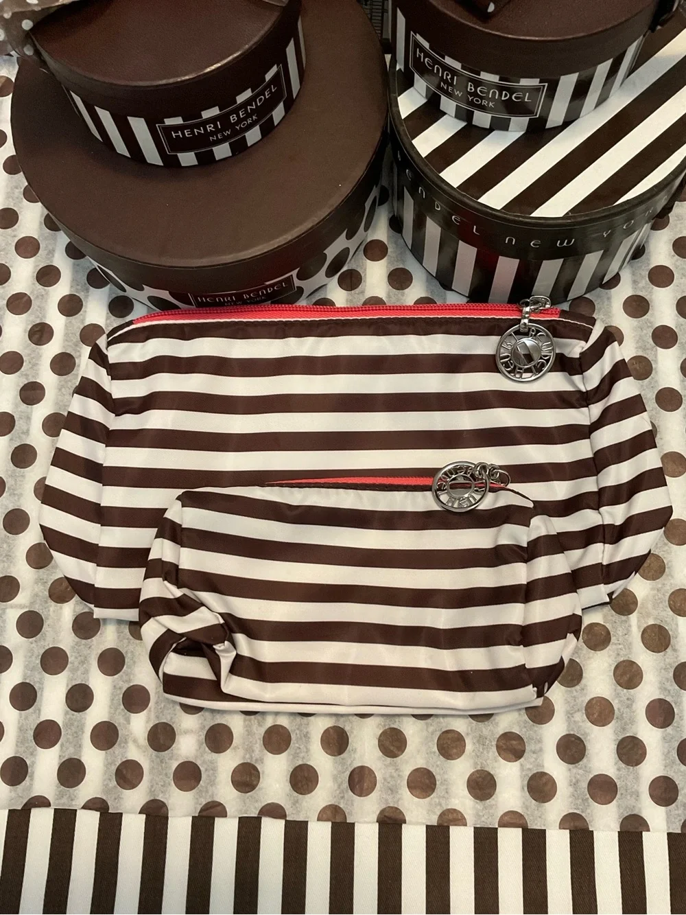 2 Henri Bendel Zippered Bags - Centennial Stripes with Pink Trim Silver Hardware